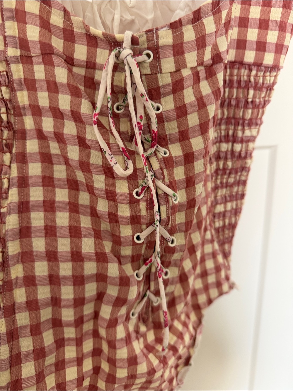 For Love & Lemons Red and Cream Gingham Lace-Up Bodysuit Georgia Bodysuit size L - Picture 8 of 12